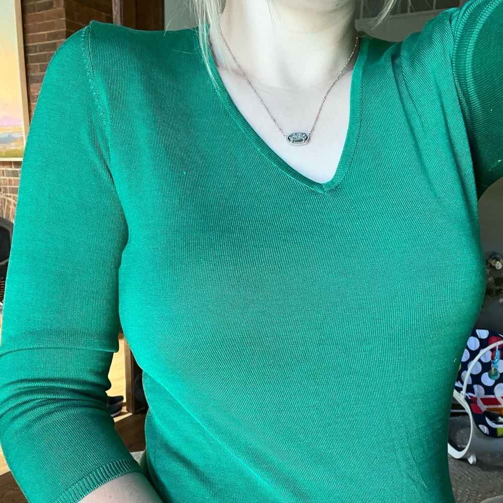 Emerald Silk V neck sweater with quarter sleeves